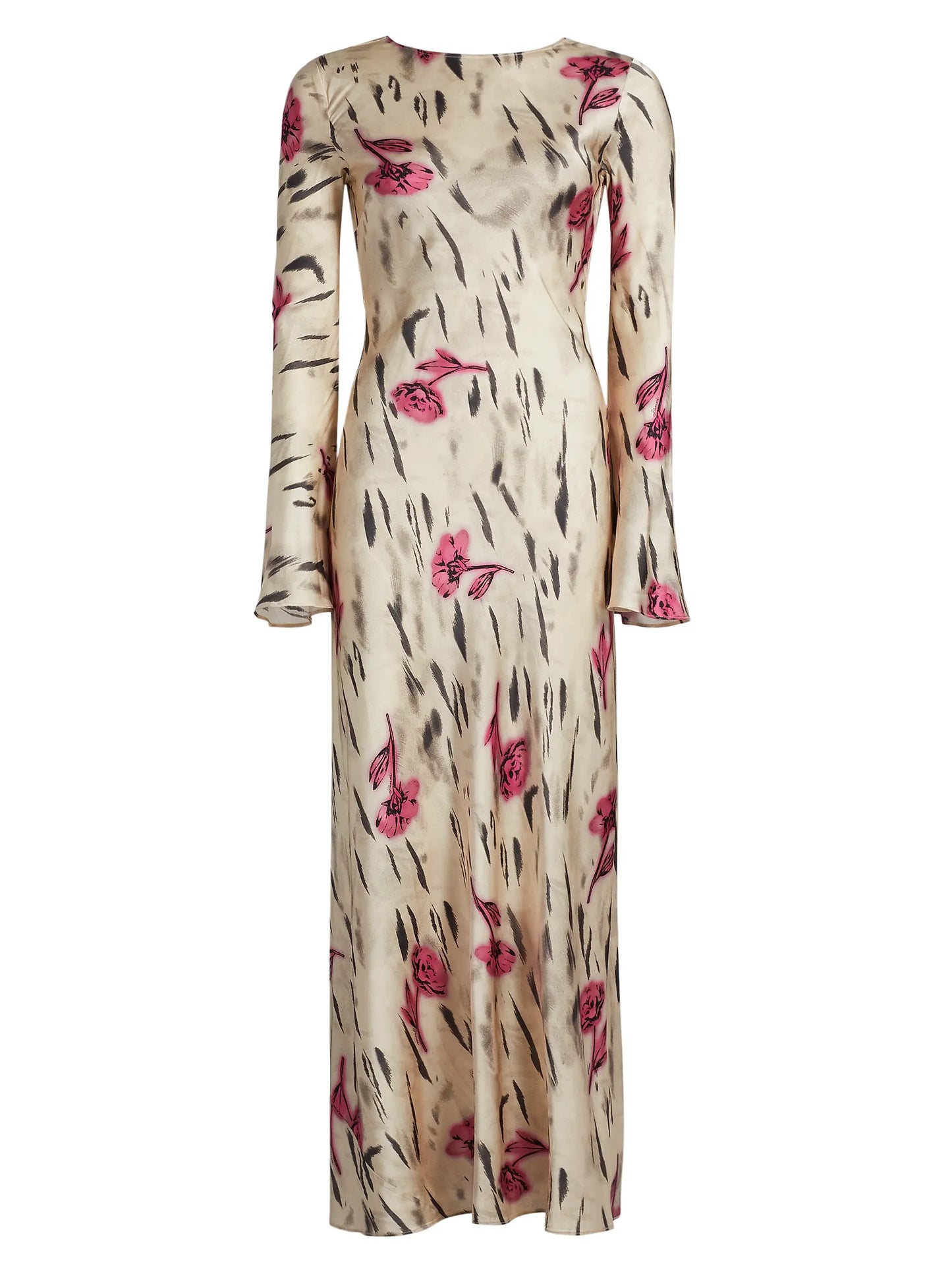 Ganni Printed Stretch Satin Long Sleeve Maxi Dress