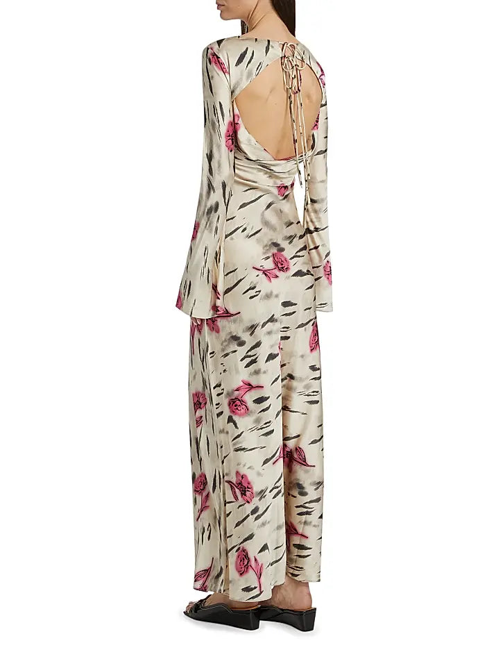 Ganni Printed Stretch Satin Long Sleeve Maxi Dress