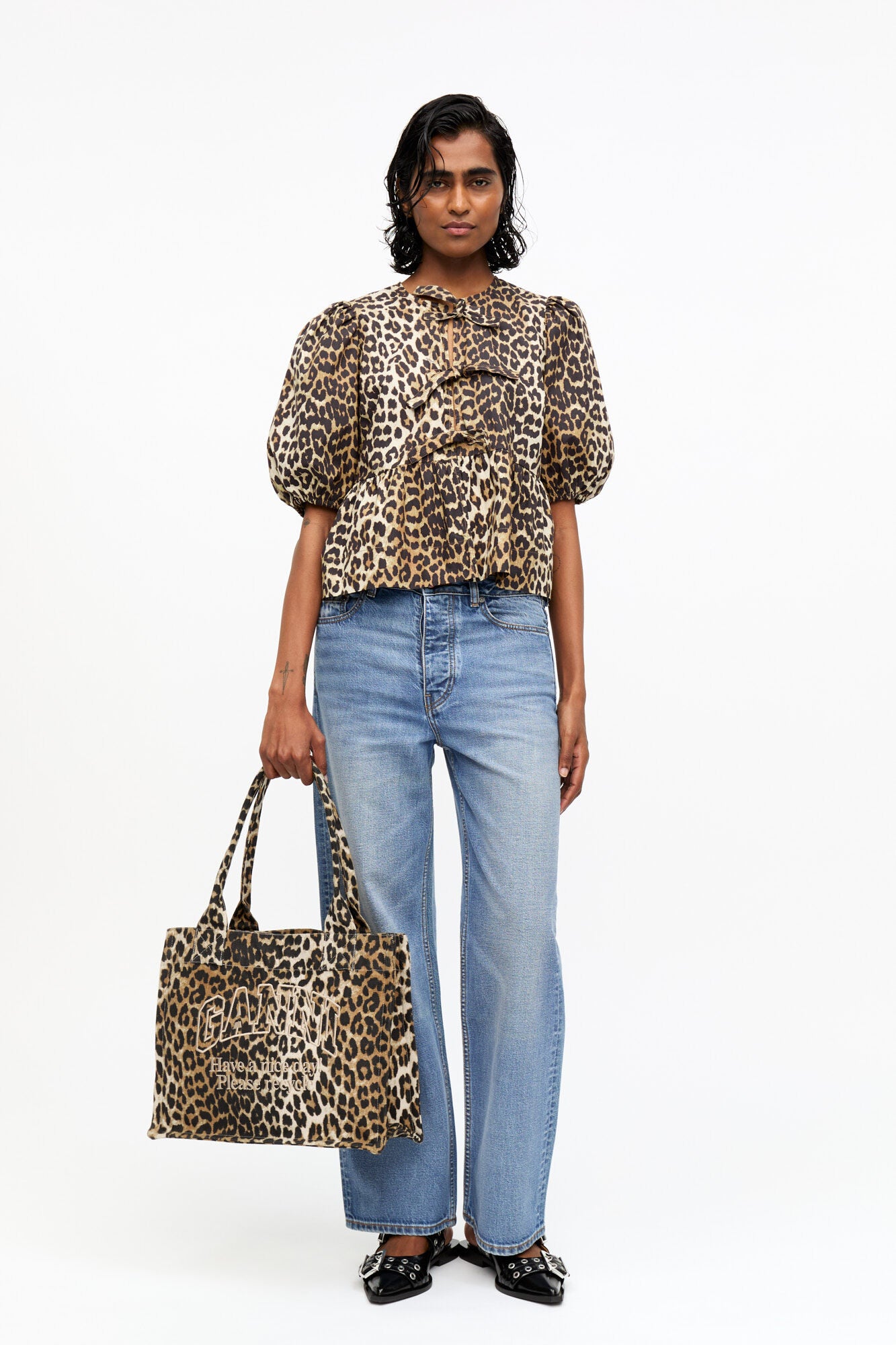 Ganni Printed Cotton Poplin Peplum Blouse