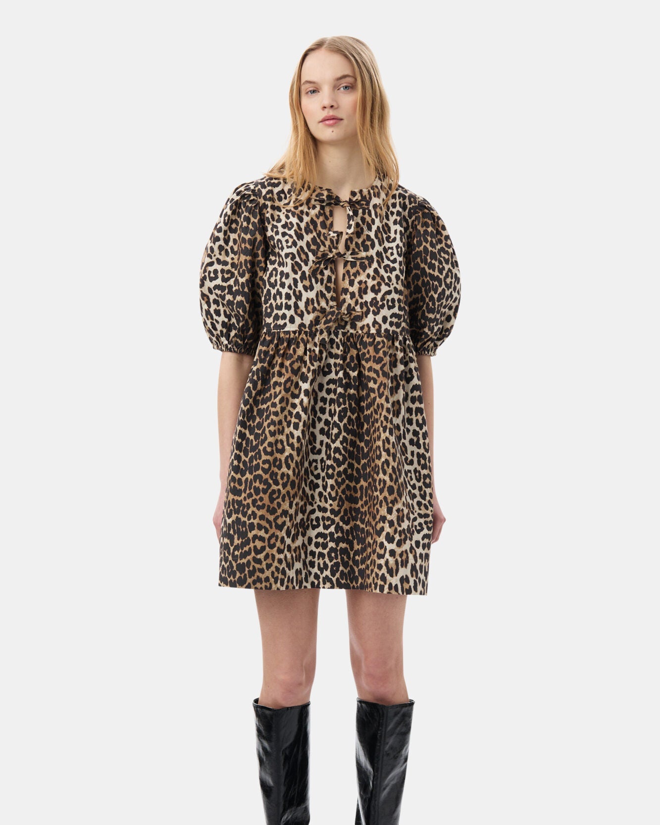 Ganni Printed Cotton Tie String Mini Dress