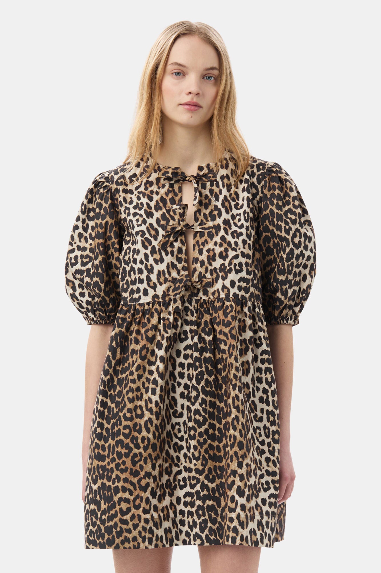 Ganni Printed Cotton Tie String Mini Dress