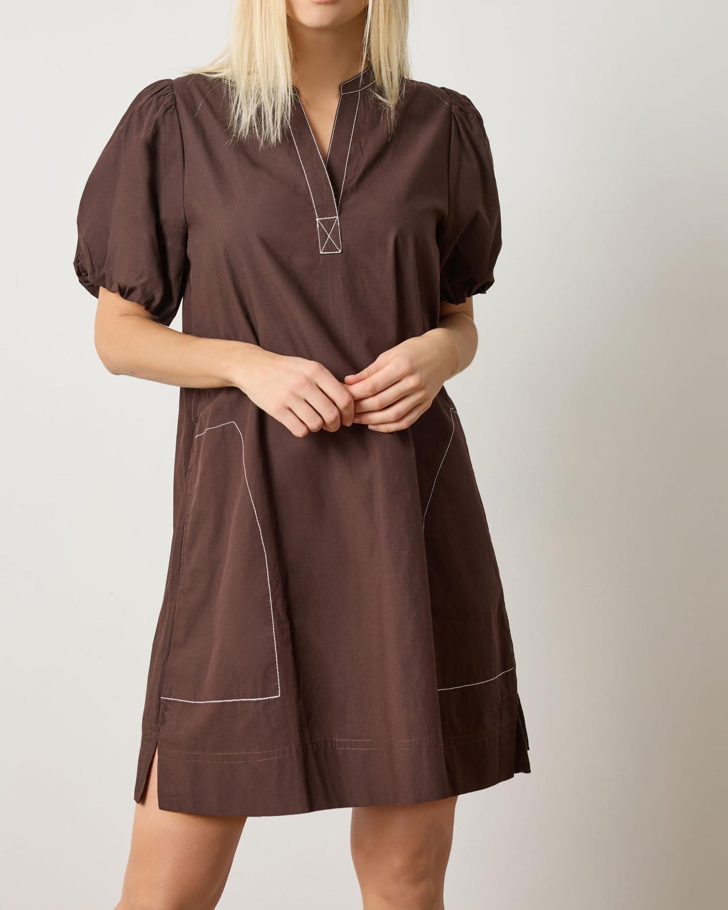 Lilla P Shirred Sleeve Split Neck Dress