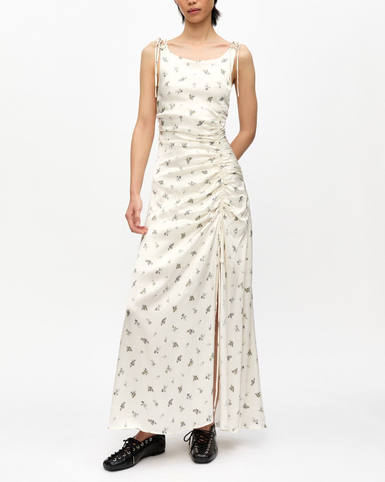 Ganni Printed Satin Gathered Long Dress