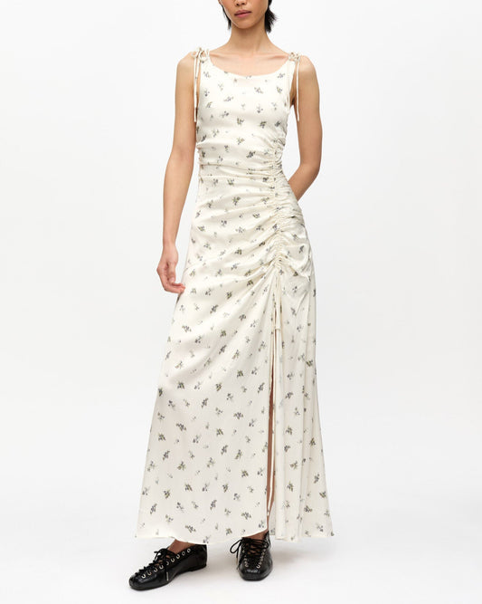 Ganni Printed Satin Gathered Long Dress