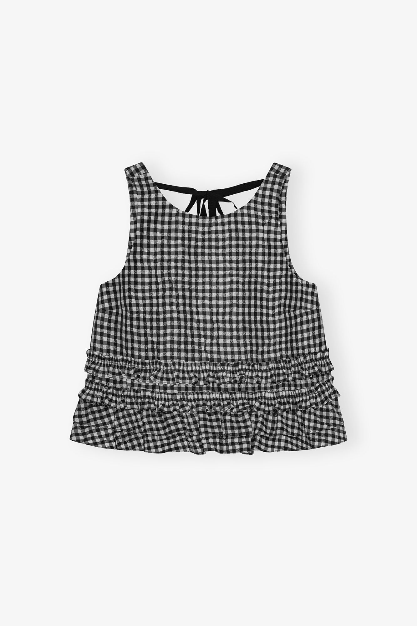 Ganni Crinkled Taffeta Check Open Back Frill Top