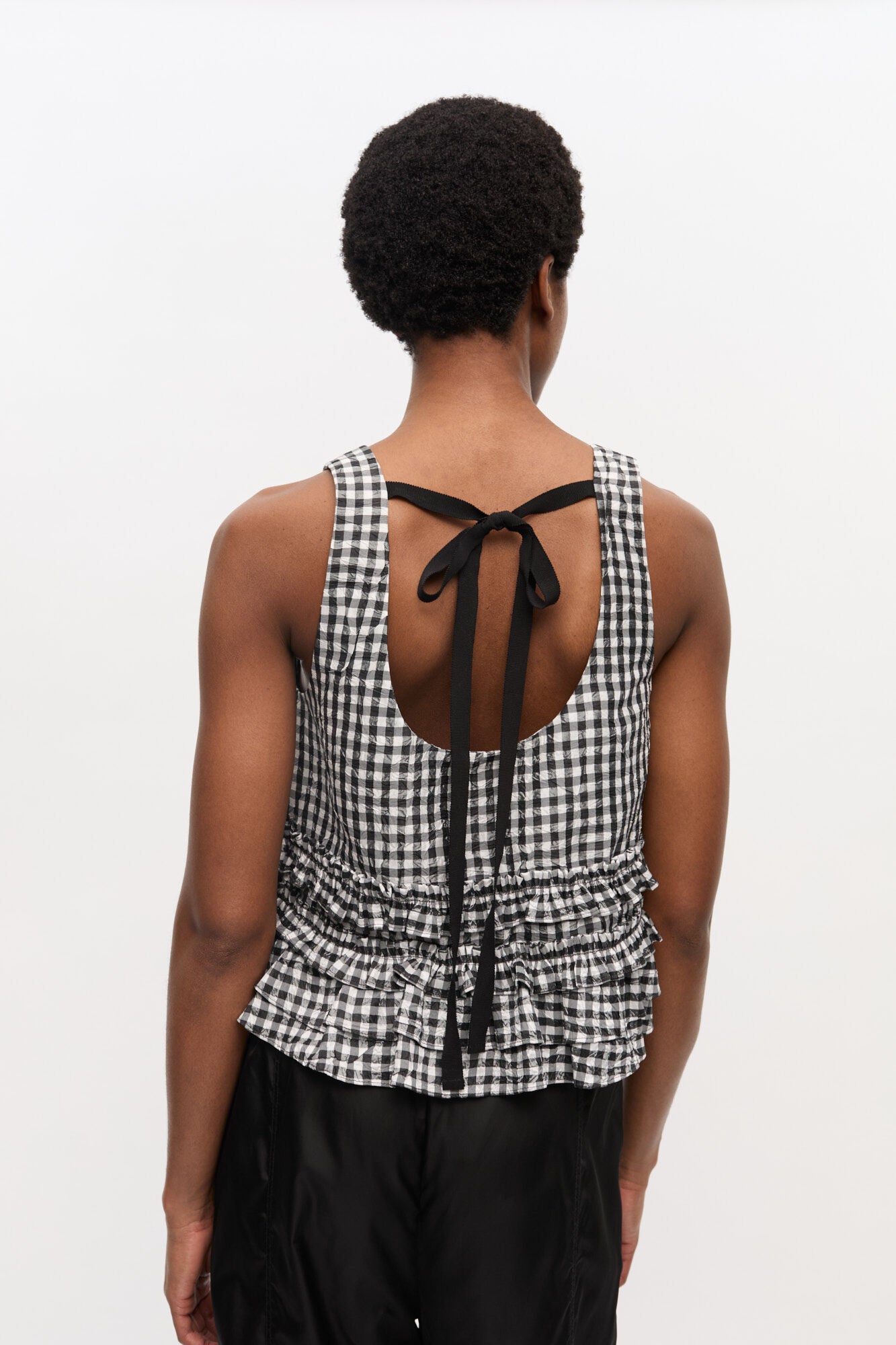 Ganni Crinkled Taffeta Check Open Back Frill Top