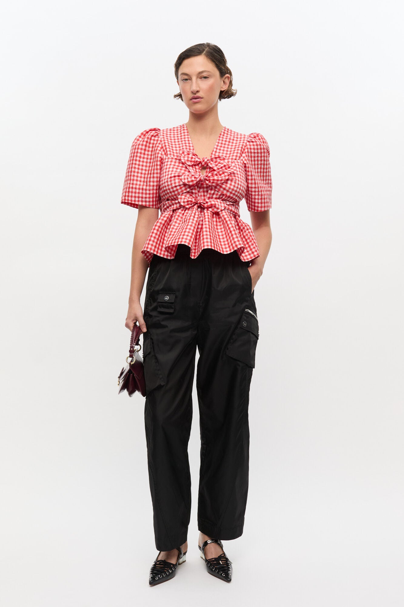 Ganni Red Red Crinkled Check Taffeta Blouse