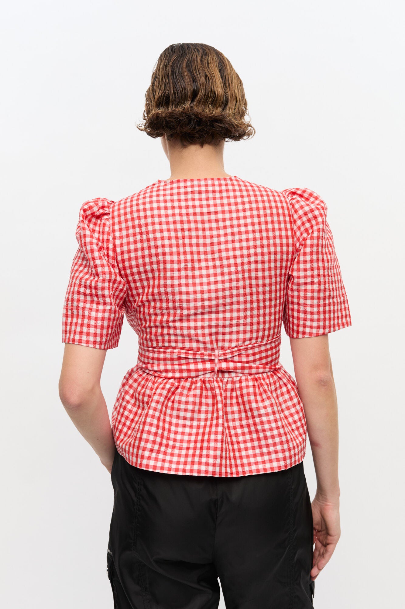 Ganni Red Red Crinkled Check Taffeta Blouse