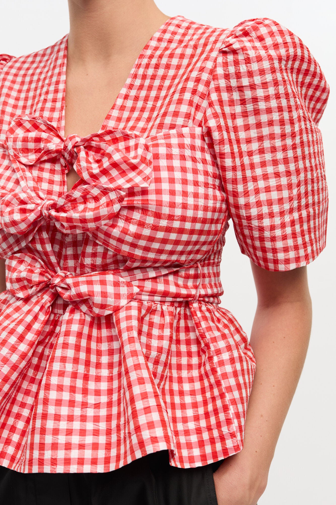 Ganni Red Red Crinkled Check Taffeta Blouse