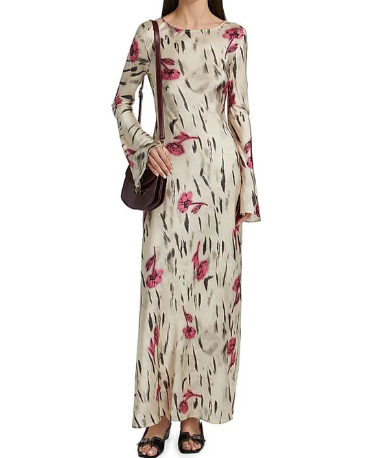 Ganni Printed Stretch Satin Long Sleeve Maxi Dress