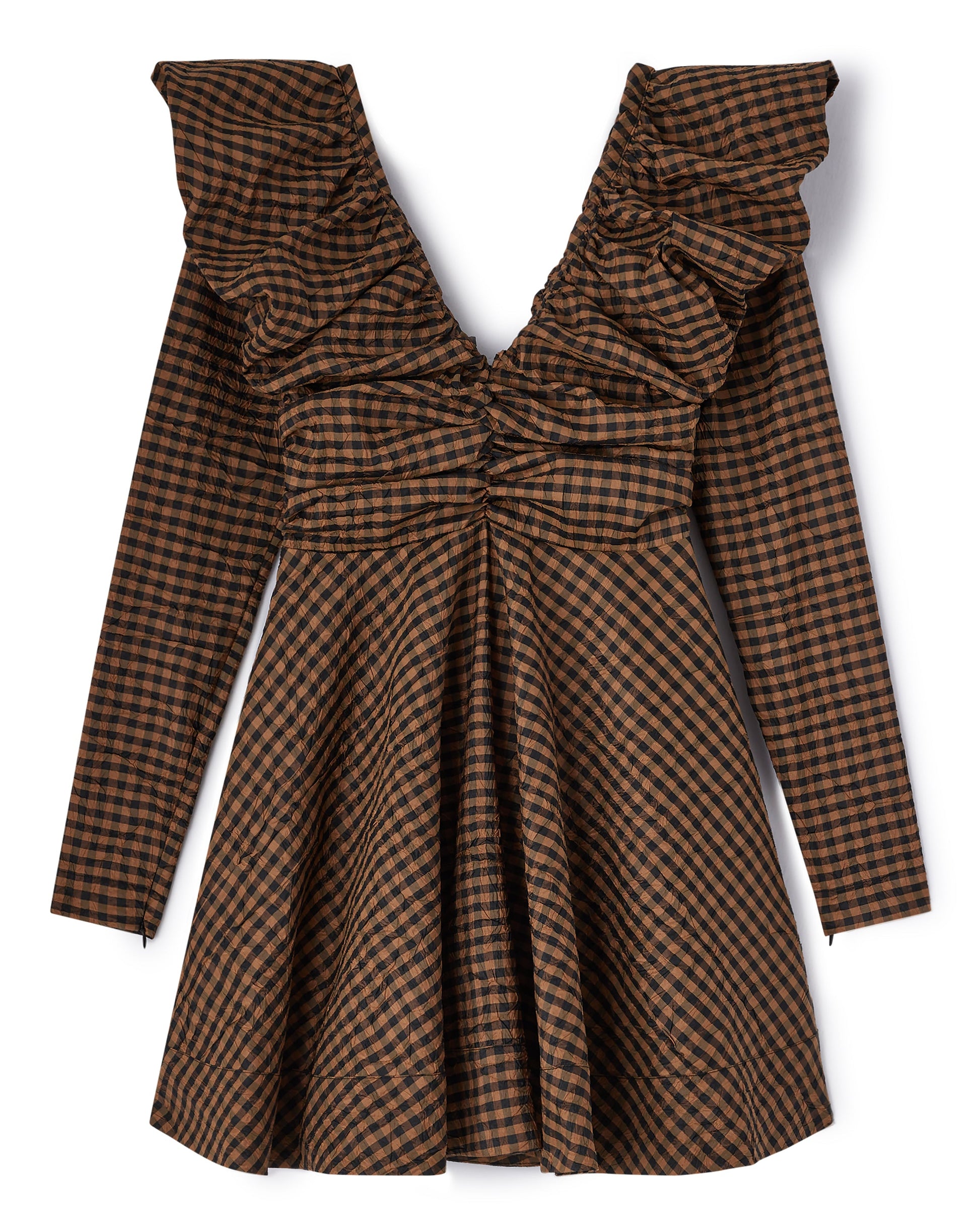 ganni crinkled check mini dress GANNI Crinkled Taffeta Check Open Back Mini Dress