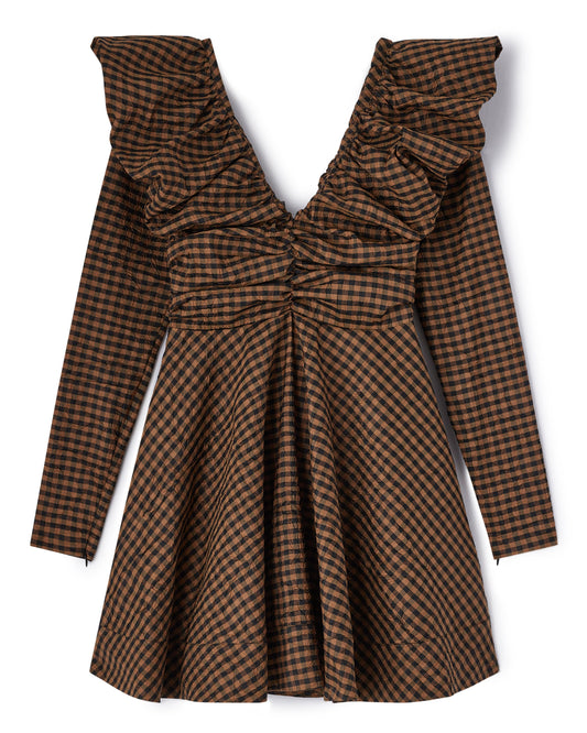 Ganni Crinkled Taffeta Check Mini Dress