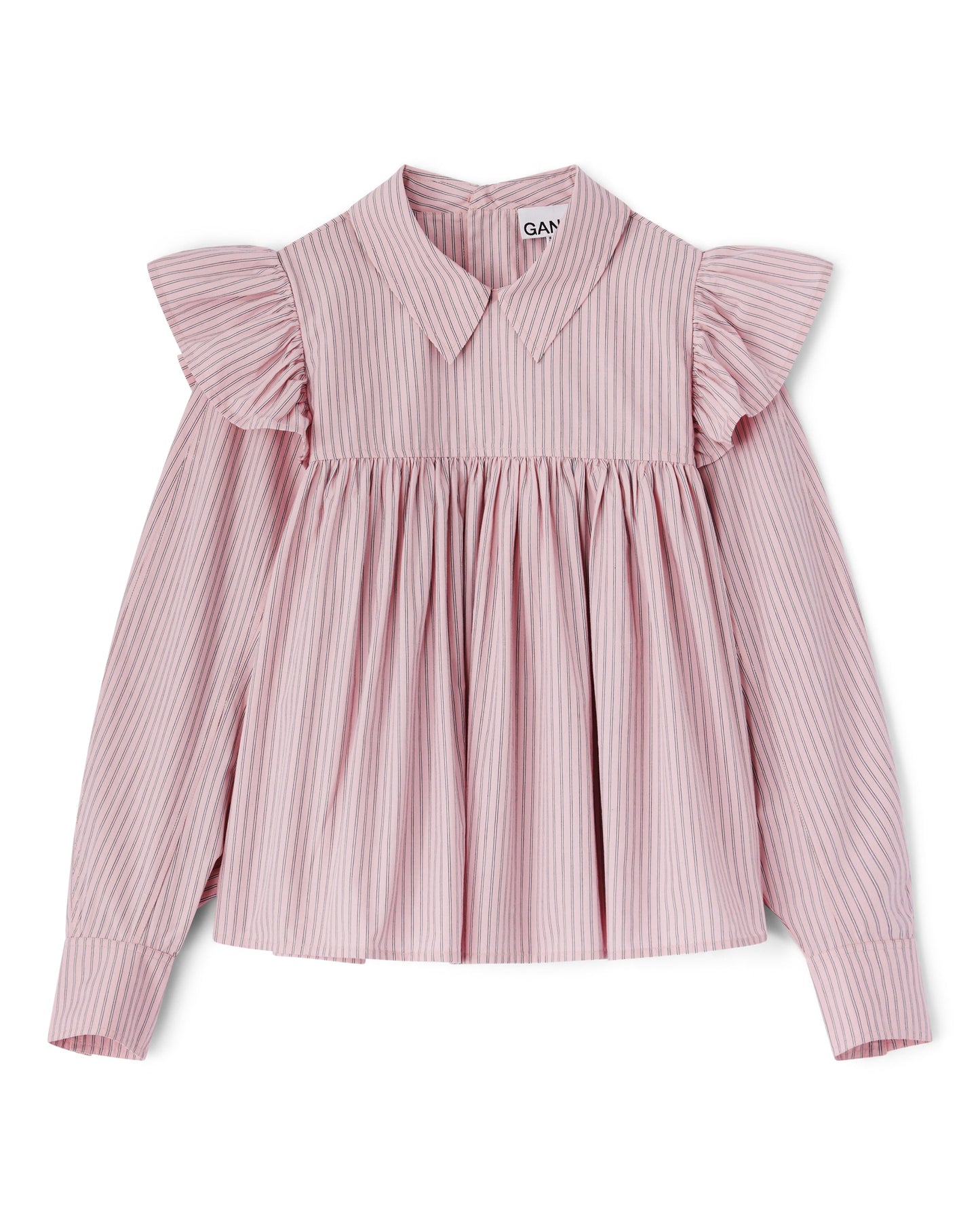 Ganni Oxford Stripe Frill Blouse
