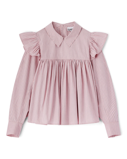 Ganni Oxford Stripe Frill Blouse