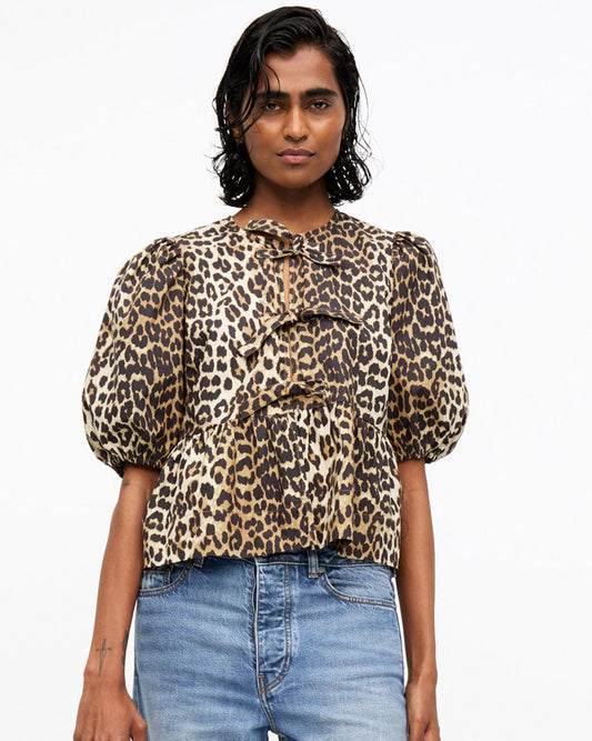 Ganni Printed Cotton Poplin Peplum Blouse