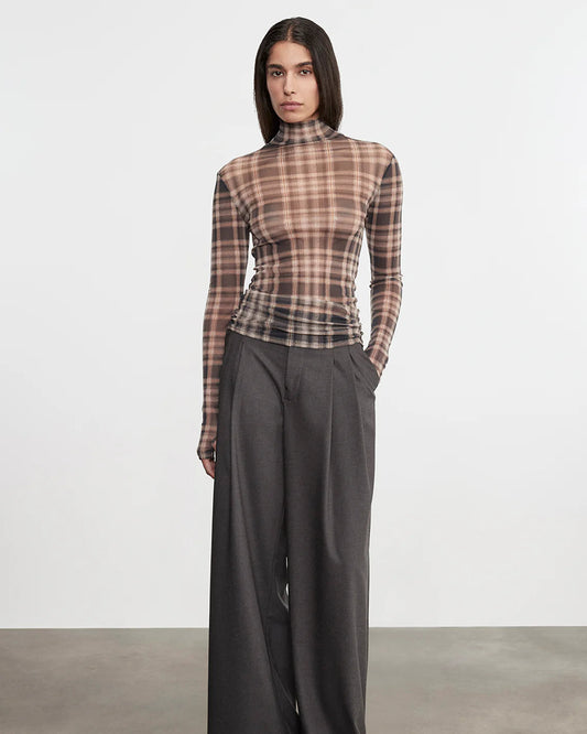 Enza Costa Plaid Mesh L/S Turtleneck