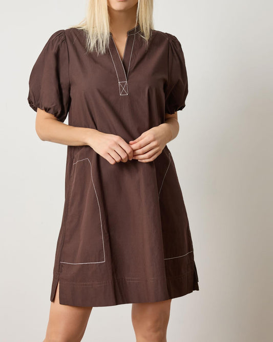 Lilla P Shirred Sleeve Split Neck Dress