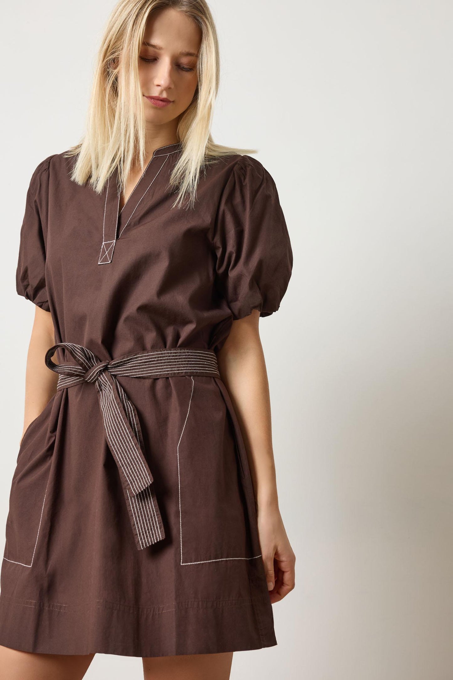 Lilla P Shirred Sleeve Split Neck Dress