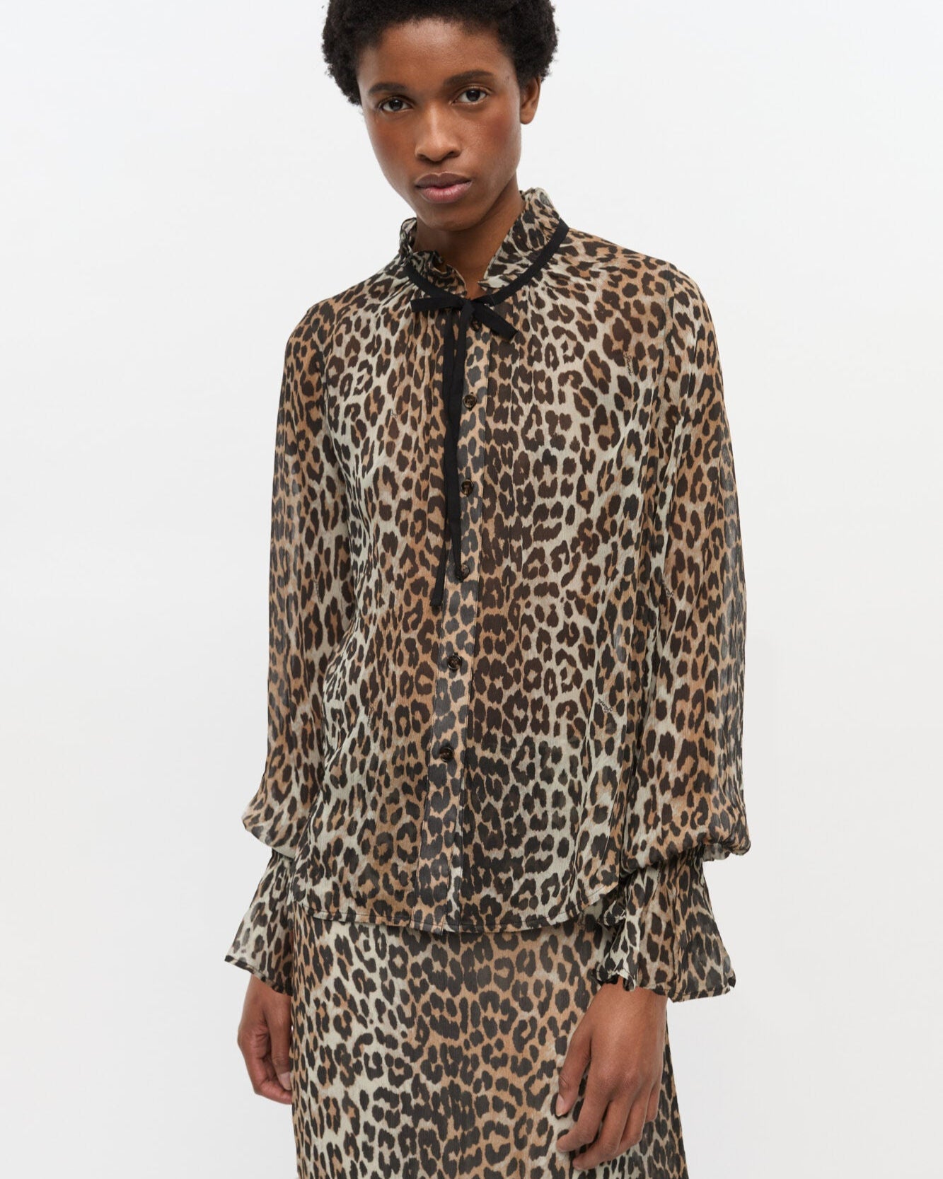 Ganni Leopard Print Chiffon Tie String Shirt