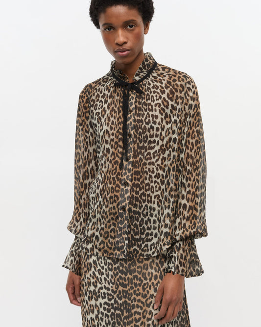 Ganni Leopard Print Chiffon Tie String Shirt