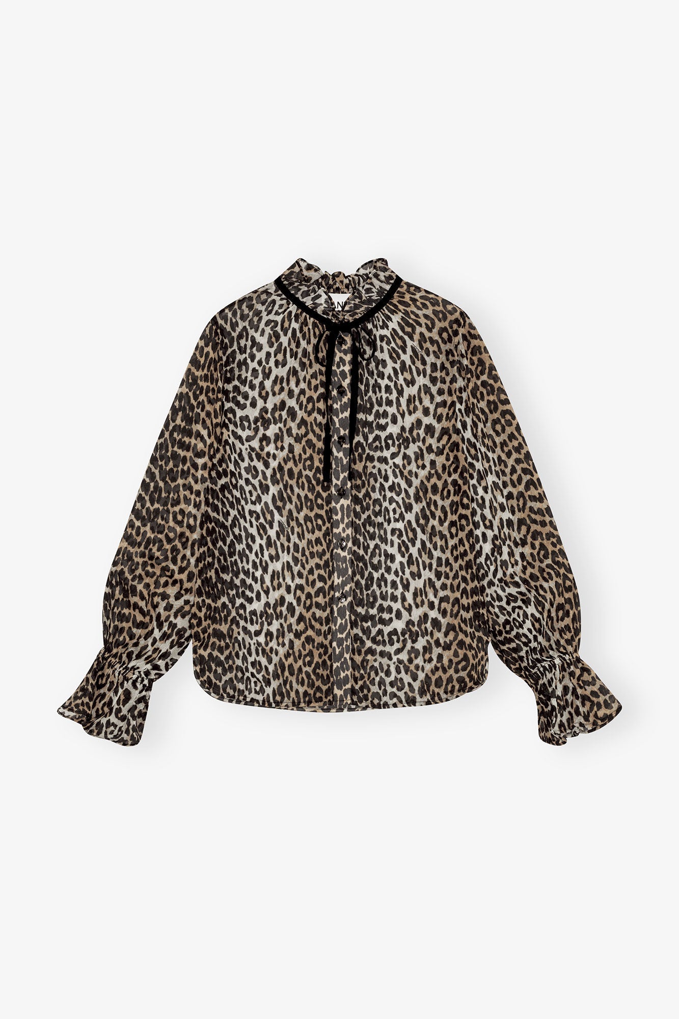 Ganni Leopard Print Chiffon Tie String Shirt
