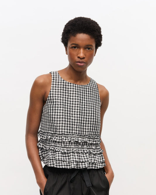 Ganni Crinkled Taffeta Check Open Back Frill Top