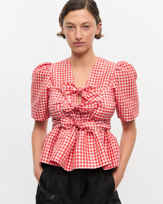 Ganni Red Red Crinkled Check Taffeta Blouse